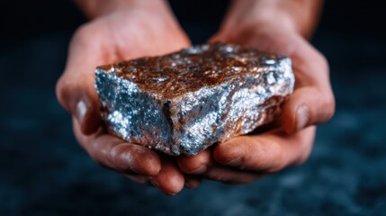 A close-up shot presenting a shiny metallic block held between two hands, showcasing its unique texture and gleaming surface against a dark background.