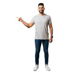 man with beard pointing away side with finger on Isolated transparent background png.