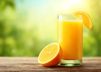 Naklejka premium Fresh squeezed orange juice in a glass with orange slice garnish, and half an orange on a wooden table with a green bokeh background.