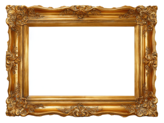 An ornate rectangular gold frame with baroque floral corners and inner bevel, isolated on transparent background.
