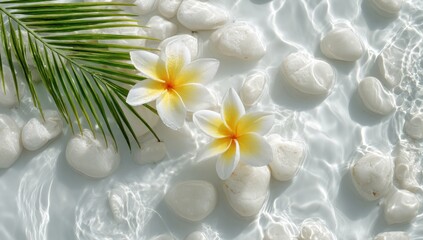 Two plumeria blossoms rest on white stones in still water, with a palm leaf