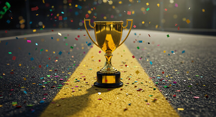 A golden trophy on a road, a festive explosion of colorful celebration confetti and sparkling glitter, A gleaming gold winners trophy cup stands proudly on a race track victory and success.