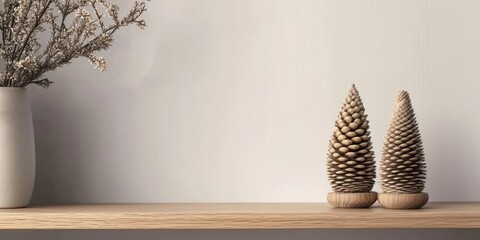 Two wooden cone decorations sit on a wooden shelf next to a vase of dried flowers. The background is a plain white wall. The scene is minimalist and evokes a sense of calm and winter decor. 