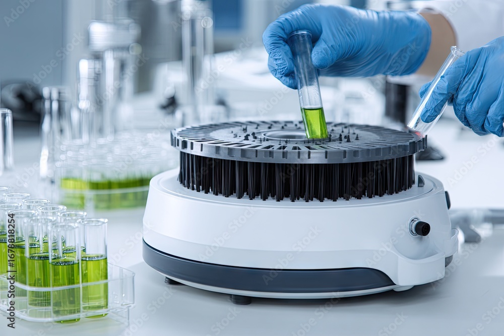 Poster scientist conducting experiment with test tubes and green liquid in a lab.