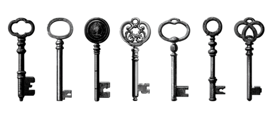 Vintage keys collection in simple outline form, organized in a row for clarity, isolated on transparent background.
