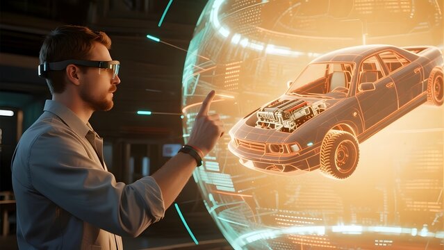 Engineer using augmented reality to analyze a car model in a futuristic setting