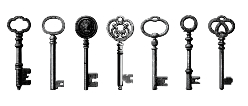 Vintage keys collection in simple outline form, organized in a row for clarity, isolated on transparent background.

