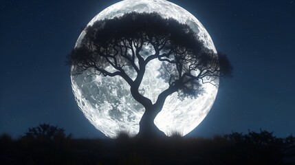 Naklejka premium A silhouette of a lone tree against the backdrop of a full moon, creating a dramatic nighttime scene.