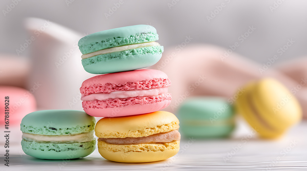 Poster stack of pastel colored macarons on a white surface with macarons scattered in the background