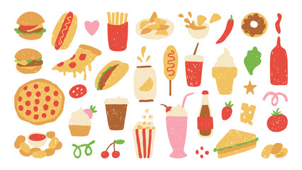 Fast Food Crayon Drawing Set. Hand drawn Street Eatery and Restaurant Elements with chalkboard texture. Quick Sketch Icons for menu design. Vector illustration