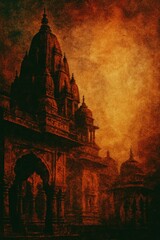 Colorful background with abstract temple in Indian style.