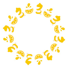 Juicy Lemon Circle Frame. Hand drawn Playful Lemonade Wreath with fresh slices splashes and citric peel. Flat vector illustration for food and drink product design