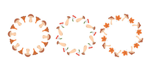 Mushroom Wreath Set. Hand drawn Fall Invitation Frames collection. Edible Nature Elements, berries and yellow leaves. Autumn Greeting card design. Flat vector illustration