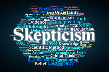 Skepticism Word Cloud. Key Concepts On Doubt, Inquiry, Knowledge, Rational Thinking, Evidence, And Philosophical Traditions In Critical Analysis.