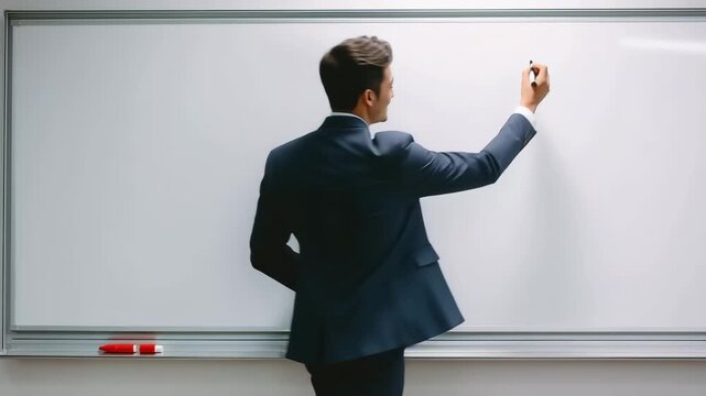 男性がホワイトボード横でスーツ姿の優しい笑顔
