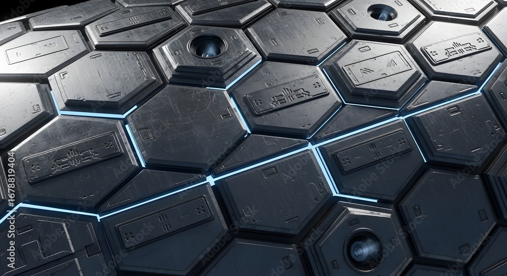 Fototapete close-up view of a metallic hexagonal surface with glowing blue lines and embedded details.