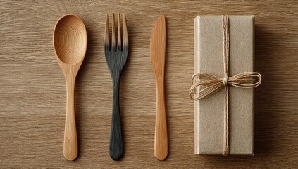 Wooden cutlery set and gift box on light brown wood