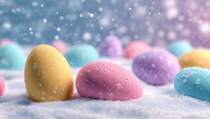 Obraz premium Pastel-colored Easter eggs in snow, soft light, bokeh
