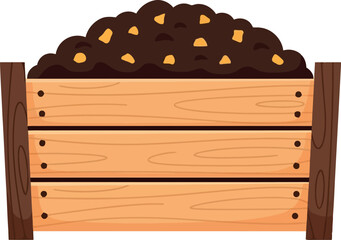 Wooden compost bin filled with rich organic soil and decomposing garden waste vector