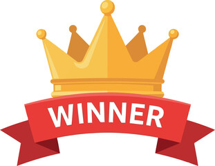 Golden crown with red ribbon announcing winner first place victory award excellence champion achievement symbol vector