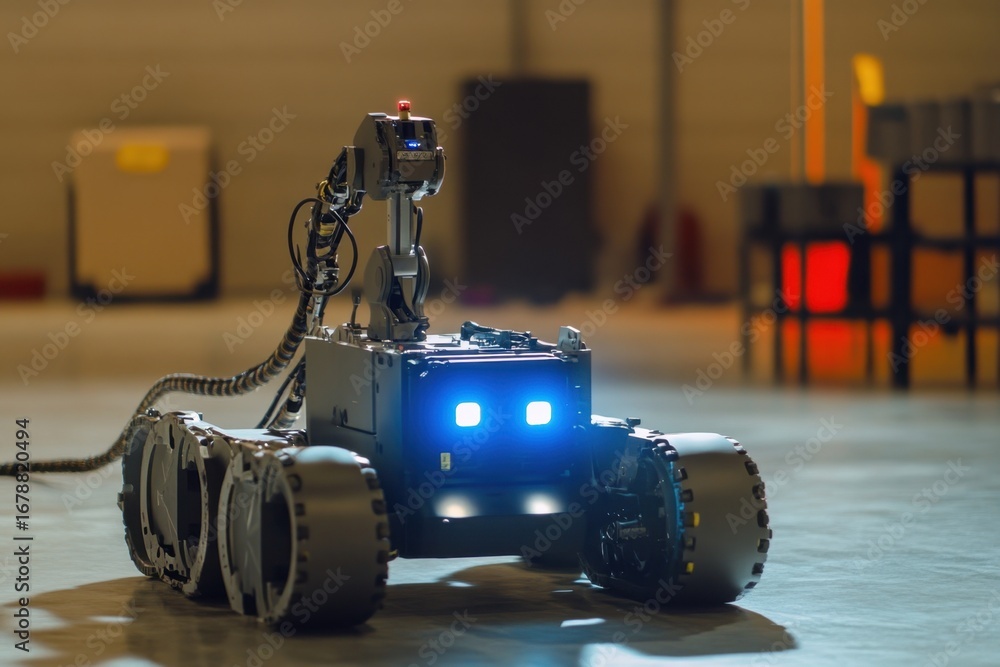 Poster robotic device navigates a warehouse with illuminated sensors and camera system