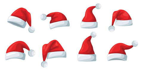 Christmas hat. Christmas hat set. Christmas decoration. Santa hat. Vector Illustration.