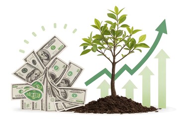 Financial growth represented by a money tree and upward trending graph with US dollar bills finance