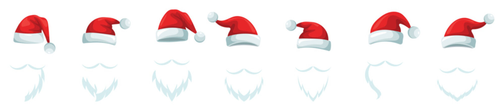 Set of Santa Claus hats. Red Santa hats with beard and mustache. Vector
