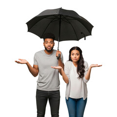 confused couple with black umbrella on Isolated transparent background png. generated with AI