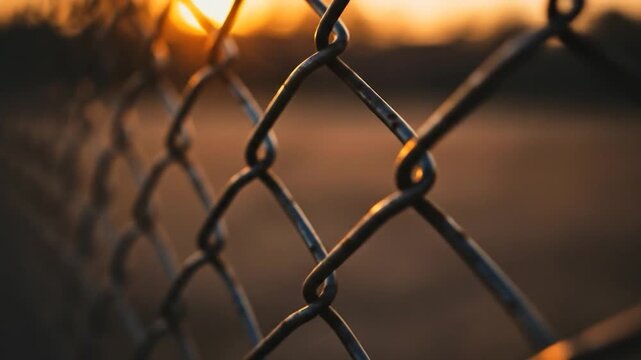 Metallic chain link fence with sunlit backdrop close up abstract texture background