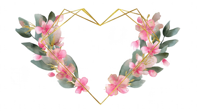 heart frame with pink flowers and green leaves, with golden lines, jpeg, png, transparent
