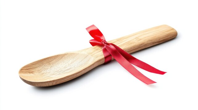 A single wooden spoon is presented with a red ribbon tied around its handle. The spoon is light-colored and has a smooth, natural wood grain.
