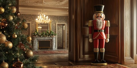 A stately nutcracker figurine stands prominently in a grand entryway, positioned between a decorated Christmas tree and a glimpse of a lavishly decorated room.