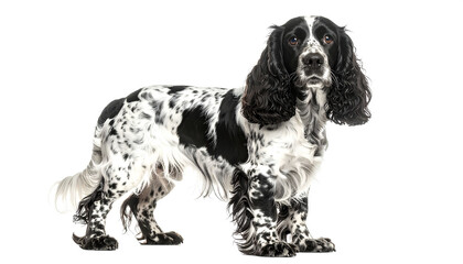 English cocker spaniel standing alert with speckled coat on white background