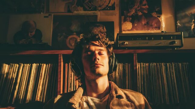 Young man listening music wearing headphones with vinyl disks and record player on sofa at home - Retro, vintage and lifestyle concept - Model by AI generative