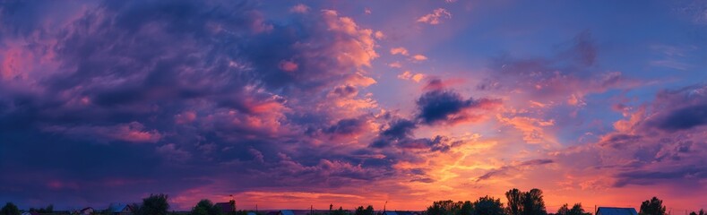 Fototapeta premium Vibrant sunset with pink and purple clouds over silhouette trees