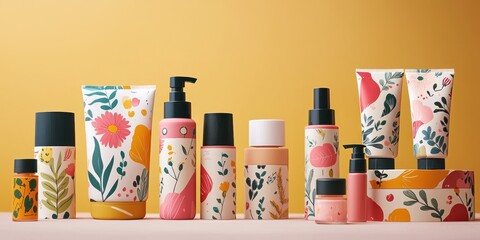 A collection of cosmetic tubes and bottles arranged on a flat surface. The packaging features a whimsical floral pattern with pink, orange, and green flowers and leaves.