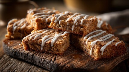 Rustic brown butter apple blondies with icing drizzle on wooden board, homemade autumn dessert 
