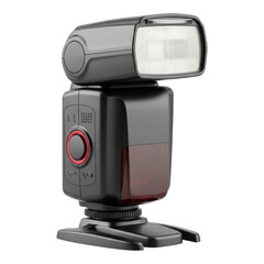 Modern black camera flash with red accents on transparent background