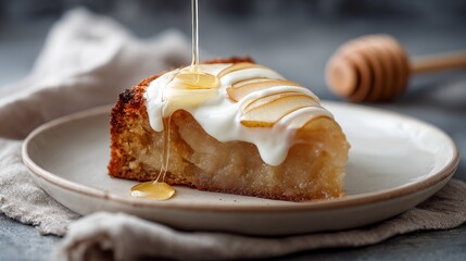 Close up of pear yogurt spelt cake slice with cream topping and honey drizzle, autumn dessert 