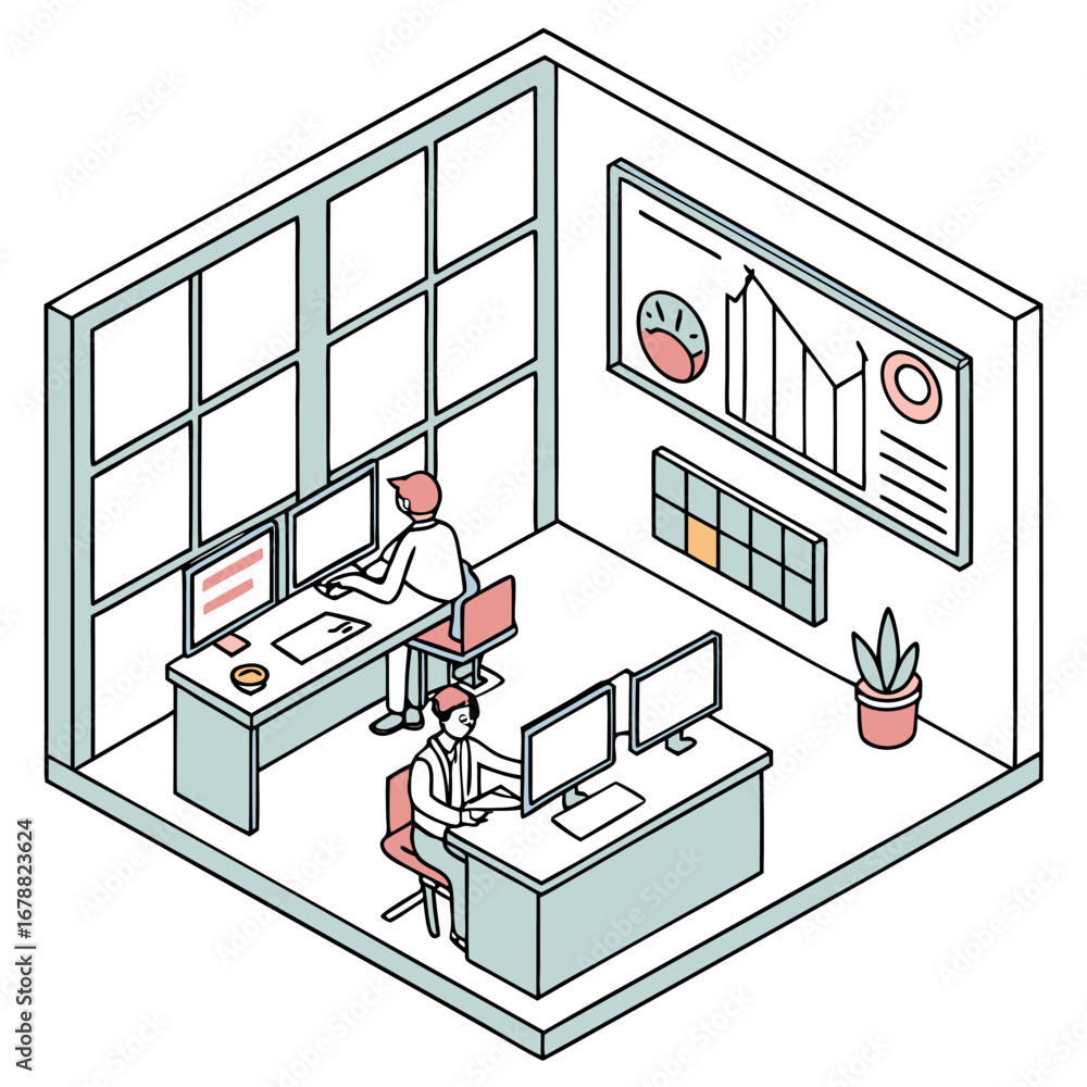 Poster isometric view of two people working at desks with multiple monitors in a modern office space
