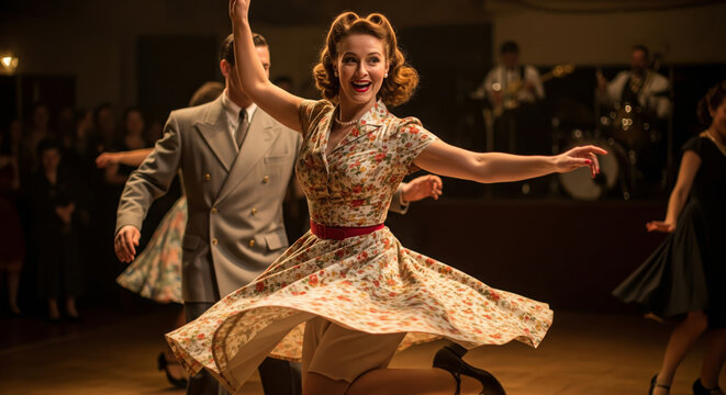 Elegant woman dancing swing in vintage dress at ballroom party