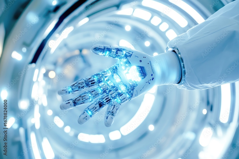 Poster futuristic robotic hand with advanced technology in high-tech environment