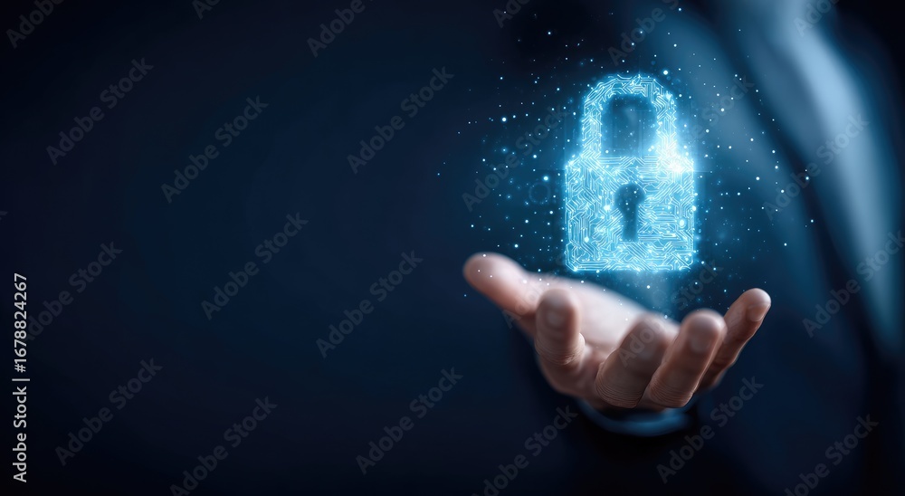 Poster digital padlock floating above a hand, representing data security and protection.