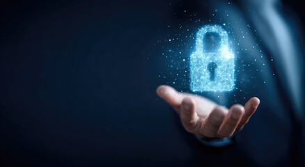 Digital padlock floating above a hand, representing data security and protection.