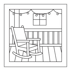 Outline drawing of a porch with a rocking chair, railing, and string lights house exterior