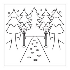 Winter forest path with footprints and lampposts under falling snow vector illustration