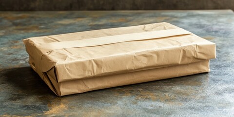 A rectangular package is wrapped in brown paper and secured with a brown ribbon. The package rests on a weathered, gray surface. 