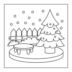 Outline drawing of a decorated Christmas tree with a fence, table, and falling snow in a winter scene