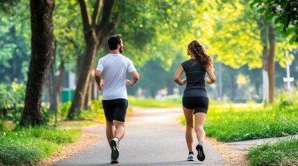 Active Couple Enjoying a Scenic Run Together in the Park, Promoting Health and Fitness Outdoors